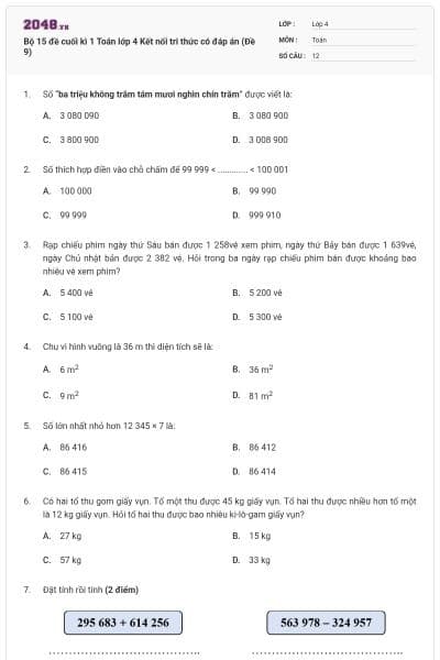 Bộ 15 đề cuối kì 1 Toán lớp 4 Kết nối tri thức có đáp án (Đề 9)