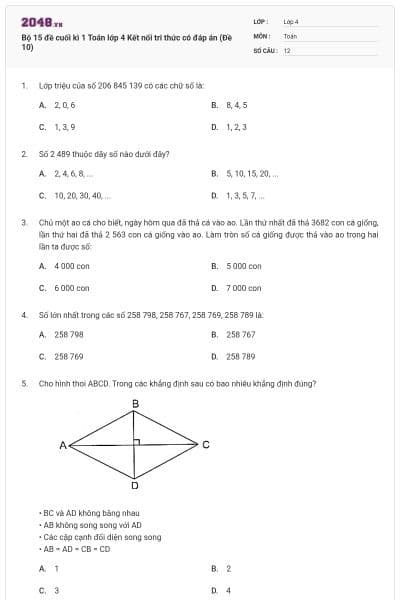 Bộ 15 đề cuối kì 1 Toán lớp 4 Kết nối tri thức có đáp án (Đề 10)