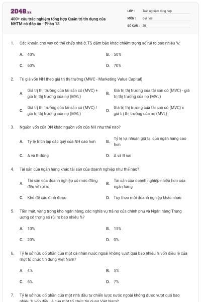 400+ câu trắc nghiệm tổng hợp Quản trị tín dụng của NHTM có đáp án - Phần 13