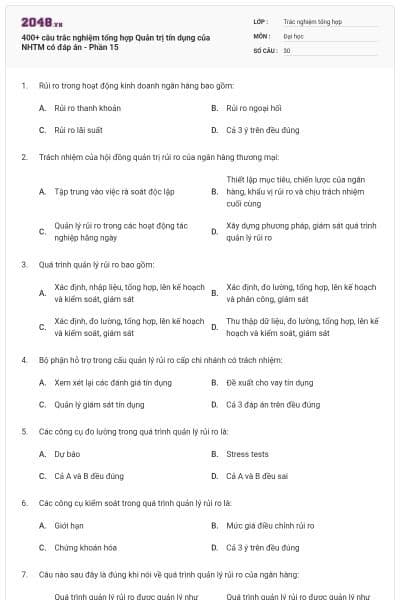 400+ câu trắc nghiệm tổng hợp Quản trị tín dụng của NHTM có đáp án - Phần 15