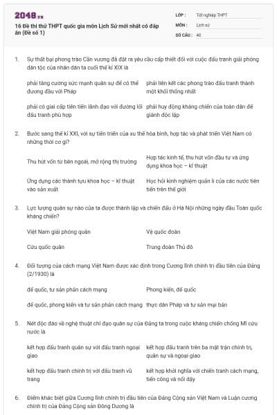 16 Đề thi thử THPT quốc gia môn Lịch Sử mới nhất có đáp án (Đề số 1)