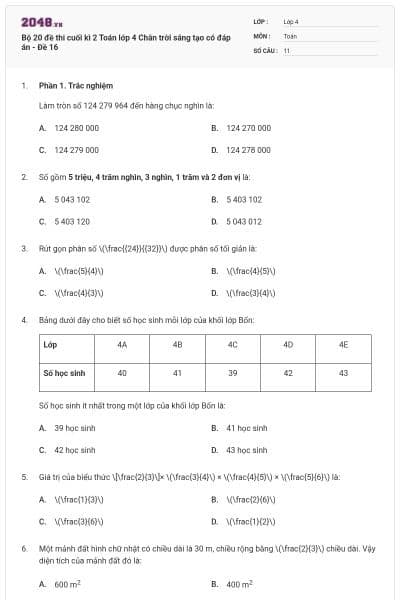Bộ 20 đề thi cuối kì 2 Toán lớp 4 Chân trời sáng tạo có đáp án - Đề 16