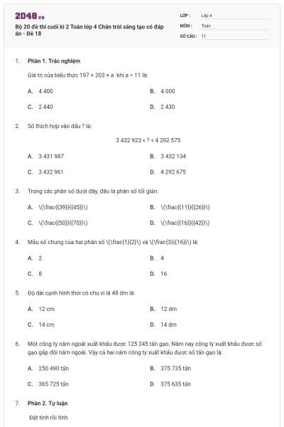 Bộ 20 đề thi cuối kì 2 Toán lớp 4 Chân trời sáng tạo có đáp án - Đề 18