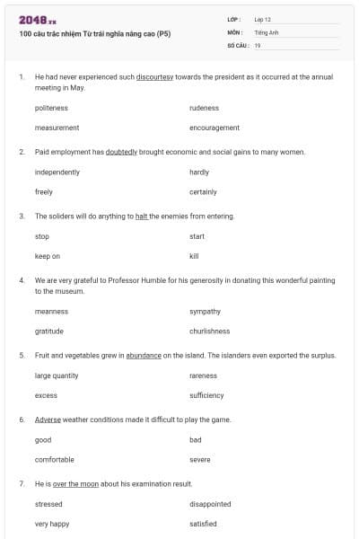 100 câu trắc nhiệm Từ trái nghĩa nâng cao (P5)