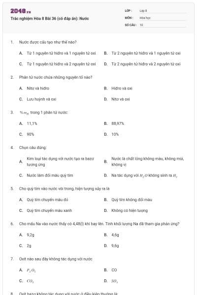 Trắc nghiệm Hóa 8 Bài 36 (có đáp án): Nước