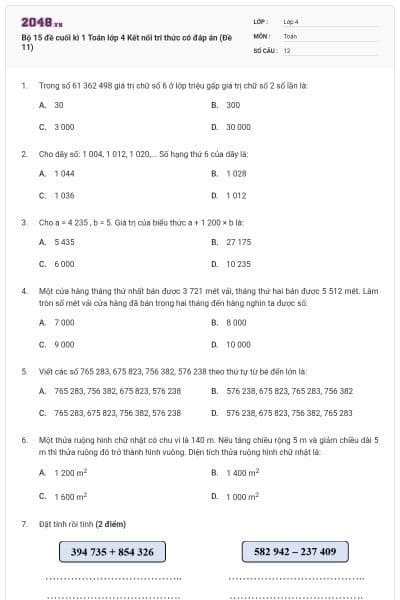 Bộ 15 đề cuối kì 1 Toán lớp 4 Kết nối tri thức có đáp án (Đề 11)