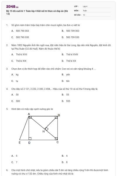 Bộ 15 đề cuối kì 1 Toán lớp 4 Kết nối tri thức có đáp án (Đề 13)