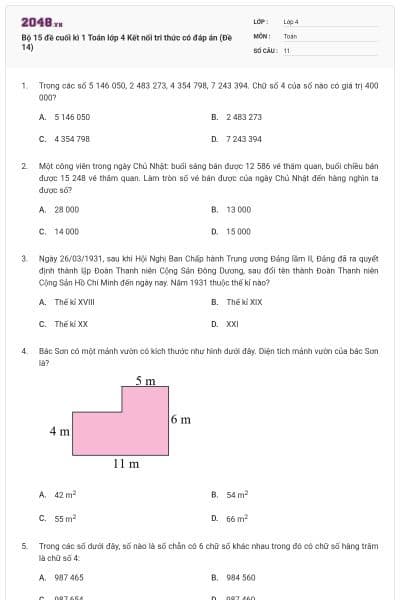 Bộ 15 đề cuối kì 1 Toán lớp 4 Kết nối tri thức có đáp án (Đề 14)