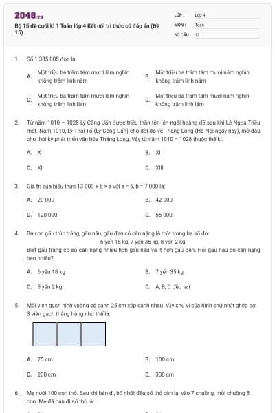 Bộ 15 đề cuối kì 1 Toán lớp 4 Kết nối tri thức có đáp án (Đề 15)