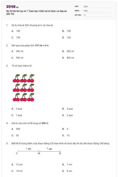Bộ 20 đề thi học kì 1 Toán lớp 3 Kết nối tri thức có đáp án (Đề 10)