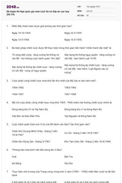 Đề luyện thi thpt quốc gia môn Lịch Sử có đáp án cực hay (Đề 24)
