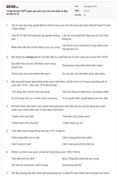 16 Đề thi thử THPT quốc gia môn Lịch Sử mới nhất có đáp án (Đề số 2)