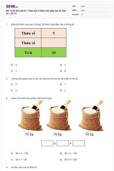 Bộ 15 đề thi cuối kì 1 Toán lớp 3 Chân trời sáng tạo có đáp án - Đề 12