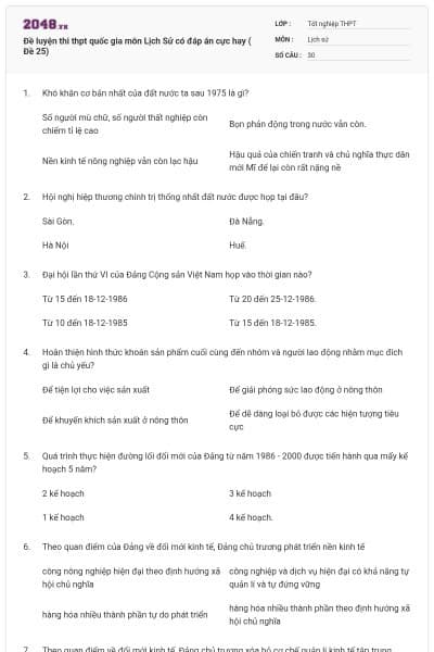 Đề luyện thi thpt quốc gia môn Lịch Sử có đáp án cực hay ( Đề 25)