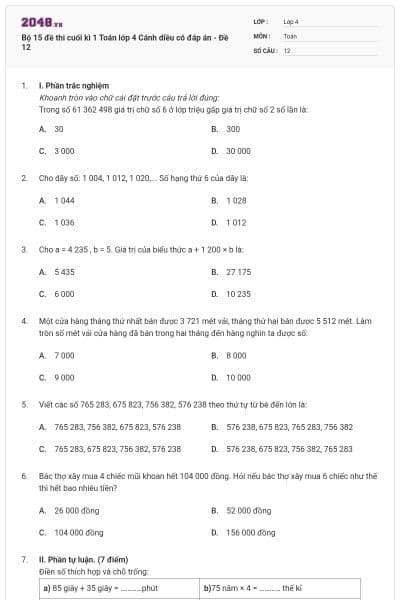 Bộ 15 đề thi cuối kì 1 Toán lớp 4 Cánh diều có đáp án - Đề 12