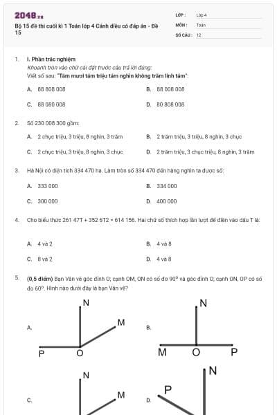 Bộ 15 đề thi cuối kì 1 Toán lớp 4 Cánh diều có đáp án - Đề 15