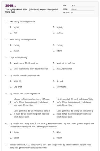 Trắc nghiệm Hóa 8 Bài 41 (có đáp án): Độ tan của một chất trong nước