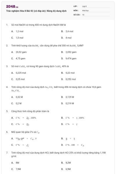 Trắc nghiệm Hóa 8 Bài 42 (có đáp án): Nồng độ dung dịch