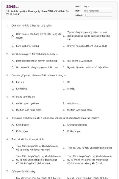 12 câu trắc nghiệm Khoa học tự nhiên 7 Kết nối tri thức Bài 28 có đáp án