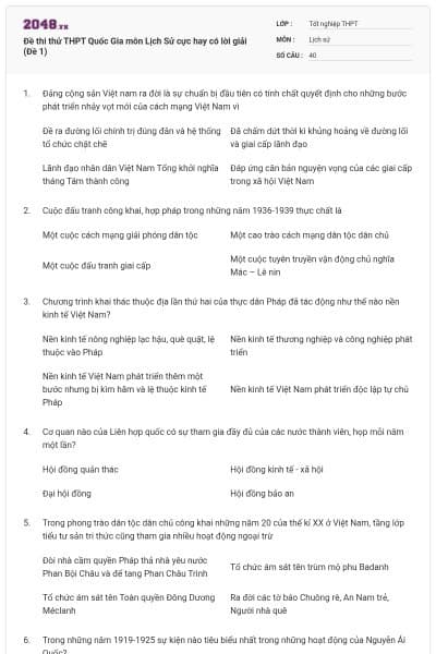 Đề thi thử THPT Quốc Gia môn Lịch Sử cực hay có lời giải (Đề 1)