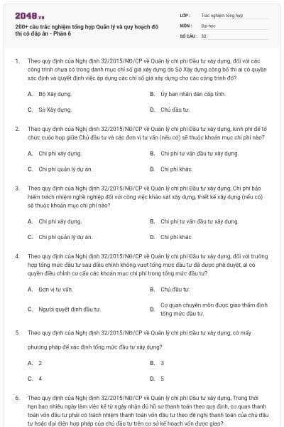 200+ câu trắc nghiệm tổng hợp Quản lý và quy hoạch đô thị có đáp án - Phần 6