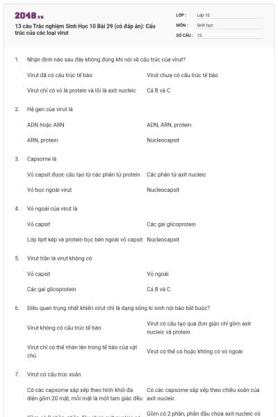 13 câu Trắc nghiệm Sinh Học 10 Bài 29 (có đáp án): Cấu trúc của các loại virut