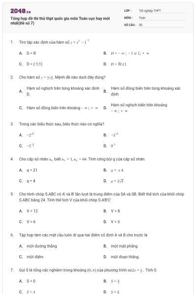 Tổng hợp đề thi thử thpt quốc gia môn Toán cực hay mới nhất(Đề số 7)