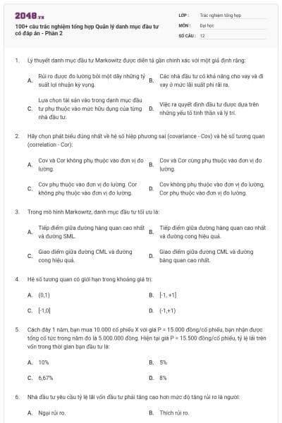 100+ câu trắc nghiệm tổng hợp Quản lý danh mục đầu tư có đáp án - Phần 2