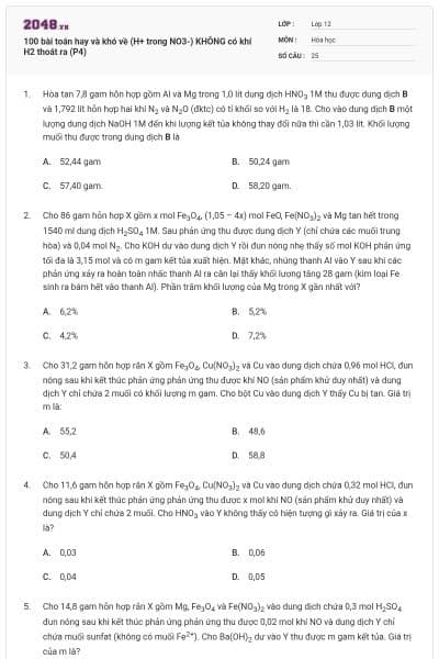 100 bài toán hay và khó về (H+ trong NO3-) KHÔNG có khí H2 thoát ra (P4)