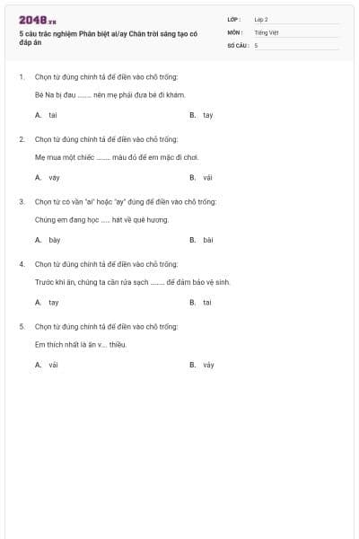 5 câu trắc nghiệm Phân biệt ai/ay Chân trời sáng tạo có đáp án
