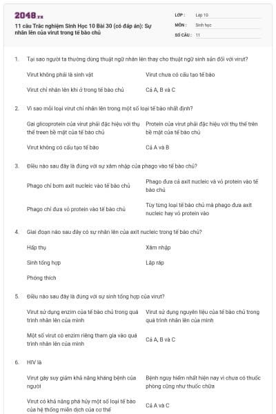 11 câu Trắc nghiệm Sinh Học 10 Bài 30 (có đáp án): Sự nhân lên của virut trong tế bào chủ
