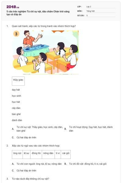 5 câu trắc nghiệm Từ chỉ sự vật, dấu chấm Chân trời sáng tạo có đáp án