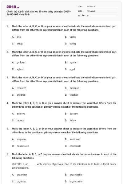 Đề thi thử tuyển sinh vào lớp 10 môn tiếng anh năm 2025 - Sở GD&ĐT Ninh Bình