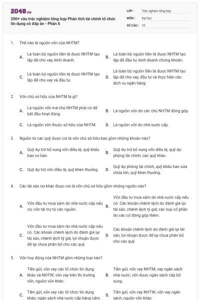 200+ câu trắc nghiệm tổng hợp Phân tích tài chính tổ chức tín dụng có đáp án - Phần 6