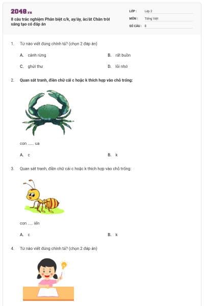 8 câu trắc nghiệm Phân biệt c/k, ay/ây, âc/ât Chân trời sáng tạo có đáp án