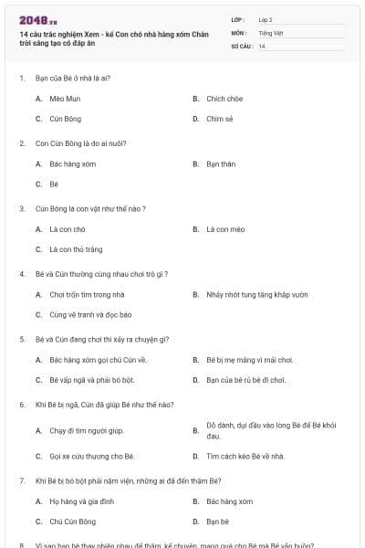 14 câu trắc nghiệm Xem - kể Con chó nhà hàng xóm Chân trời sáng tạo có đáp án