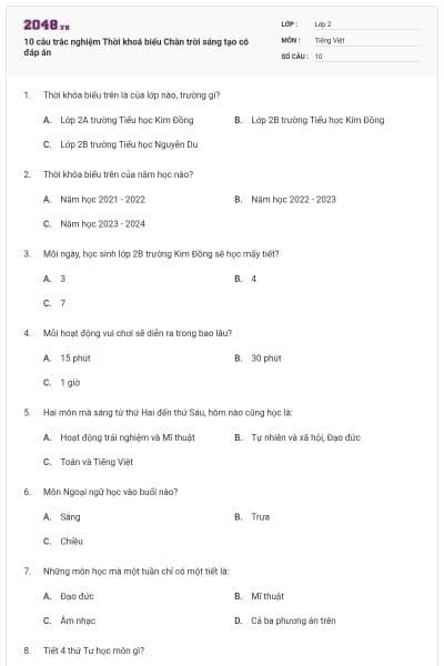 10 câu trắc nghiệm Thời khoá biểu Chân trời sáng tạo có đáp án