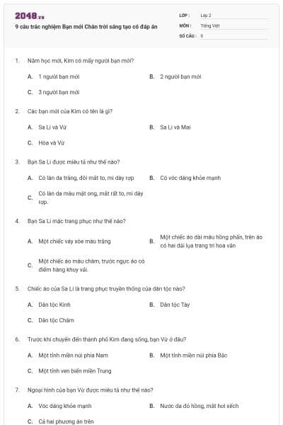 9 câu trắc nghiệm Bạn mới Chân trời sáng tạo có đáp án