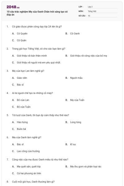 10 câu trắc nghiệm Mẹ của Oanh Chân trời sáng tạo có đáp án