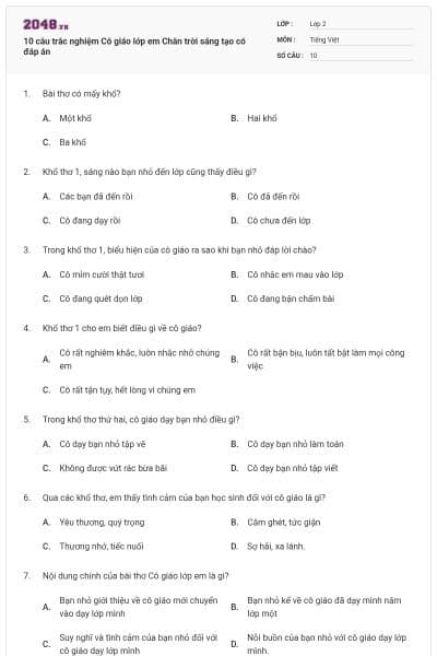10 câu trắc nghiệm Cô giáo lớp em Chân trời sáng tạo có đáp án