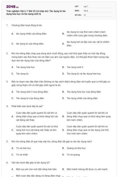 Trắc nghiệm Vật Lí 7 Bài 23 (có đáp án): Tác dụng từ tác dụng hóa học và tác dụng sinh lý