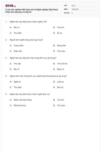 5 câu trắc nghiệm Mở rộng vốn từ Nghề nghiệp (tiếp theo) Chân trời sáng tạo có đáp án
