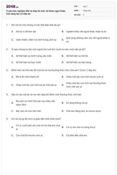 5 câu trắc nghiệm Nói và đáp lời mời, lời khen ngợi Chân trời sáng tạo có đáp án