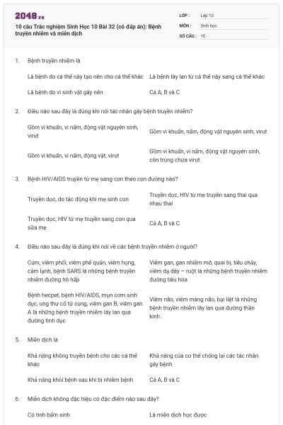 10 câu  Trắc nghiệm Sinh Học 10 Bài 32 (có đáp án): Bệnh truyền nhiễm và miễn dịch