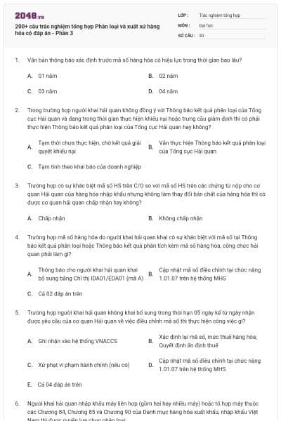 200+ câu trắc nghiệm tổng hợp Phân loại và xuất xứ hàng hóa có đáp án - Phần 3