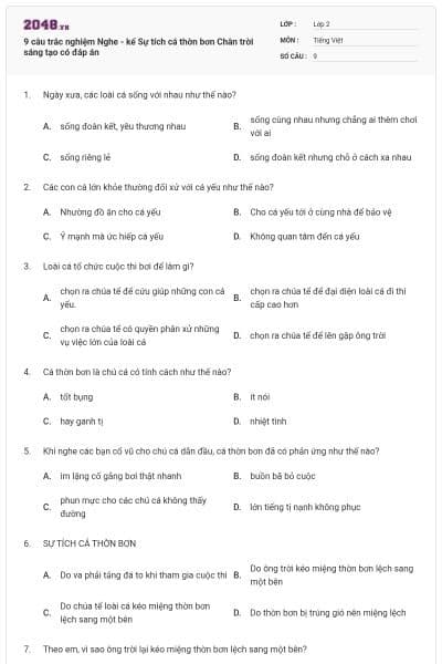 9 câu trắc nghiệm Nghe - kể Sự tích cá thờn bơn Chân trời sáng tạo có đáp án