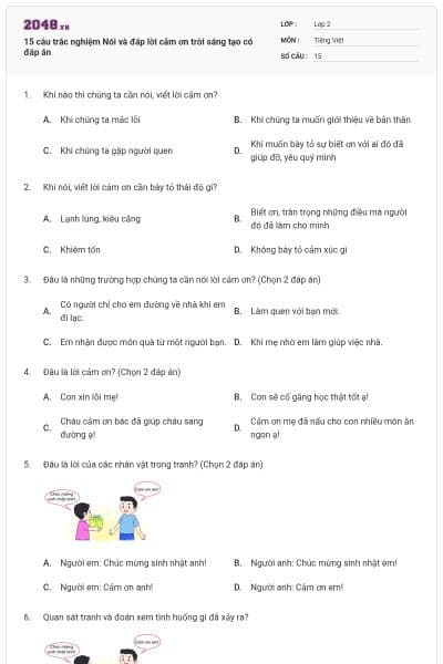 15 câu trắc nghiệm Nói và đáp lời cảm ơn trời sáng tạo có đáp án