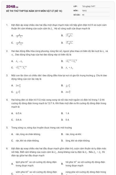 ĐỀ THI THỬ THPTQG NĂM 2019 MÔN VẬT LÝ (ĐỀ 16)