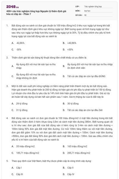 400+ câu trắc nghiệm tổng hợp Nguyên lý thẩm định giá hóa có đáp án - Phần 7