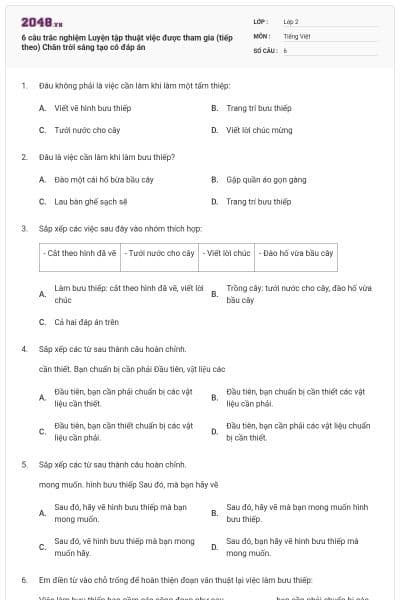 6 câu trắc nghiệm Luyện tập thuật việc được tham gia (tiếp theo) Chân trời sáng tạo có đáp án
